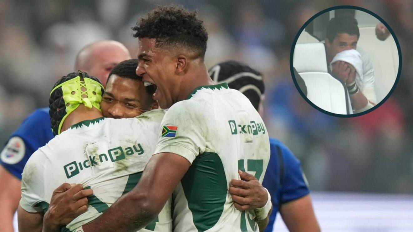 South Africa's Grant Williams, center, reacts after scoring a try during the rugby union Nations Series match between Italy and South Africa