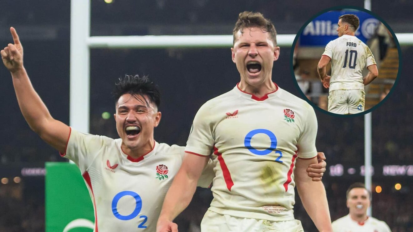 Fraser Dingwall celebrates with Marcus Smith after scoring and an inset of George Ford.