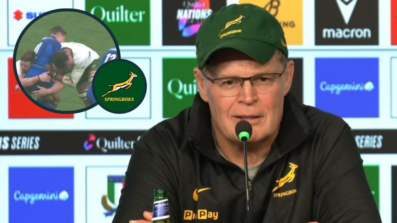 Springboks head coach Rassie Erasmus and an inset of Franco Mostert tackling Paolo Garbisi