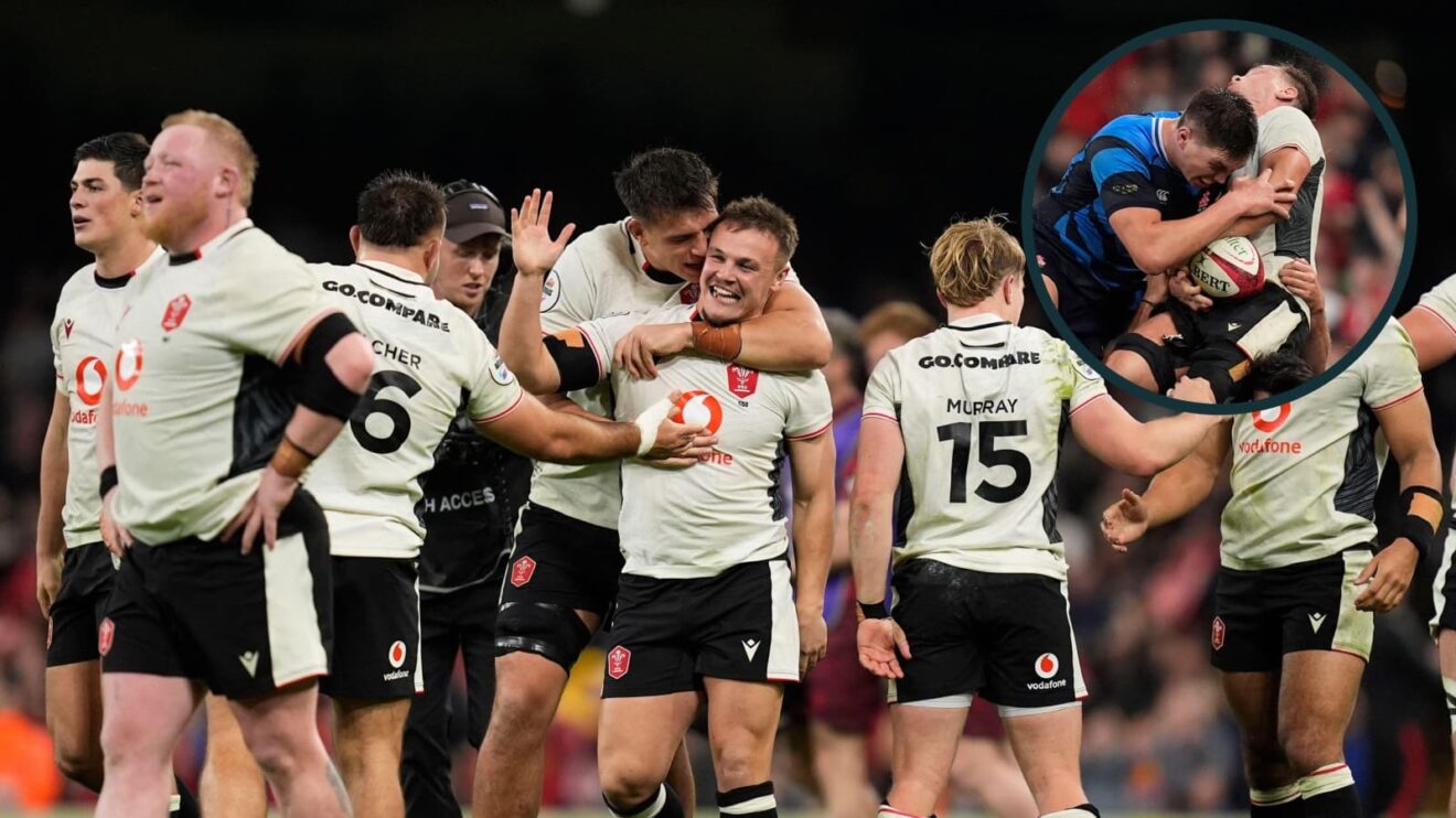 Wales celebrate after Jarrod Evans' match-winning kick while, inset, Japan's Harry Hockings illegally clattered Alex Mann.