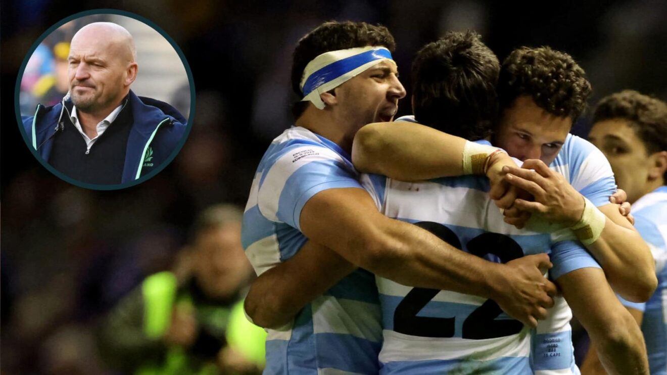 Argentina celebrate victory at Murrayfield and Scotland head coach Gregor Townsend (inset).