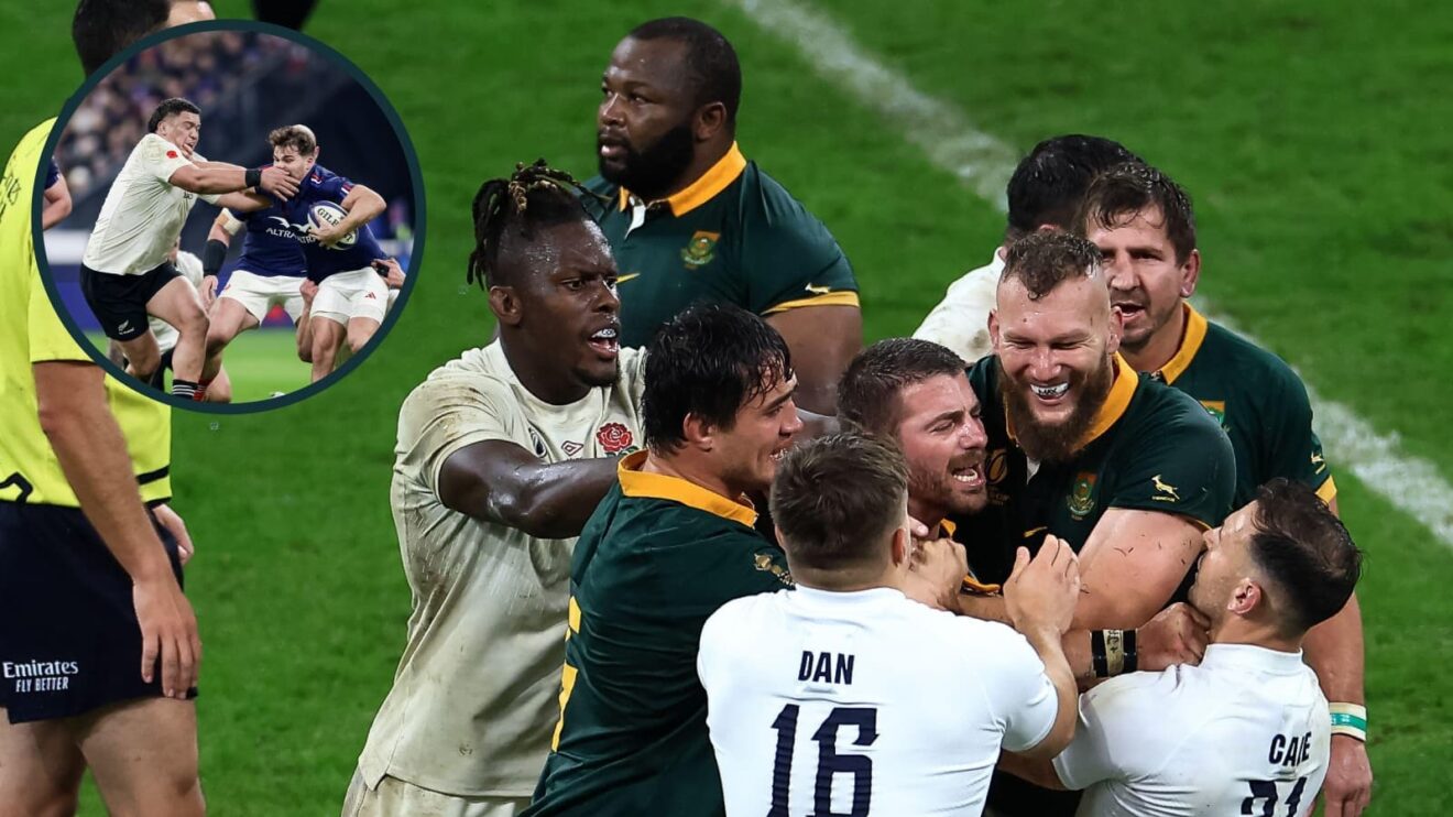 England and South Africa get stuck into each other at Rugby World Cup 2023 while, inset, France's Antoine Dupont has a cut at the All Blacks.