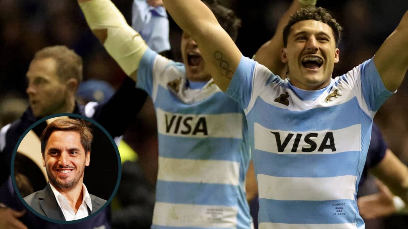 Argentina players celebrate after win over Scotland and former scrum-half Agustin Pichot (inset).