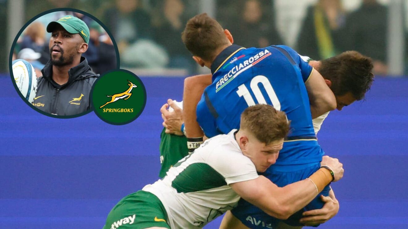 Franco Mostert and Ethan Hooker tackle Paolo Garbisi and an inset of Springboks assistant coach Mzwandile Stick.