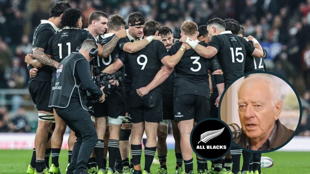 New Zealand's players form a huddle during their Test against England and ex-All Blacks coach Laurie Mains (inset).