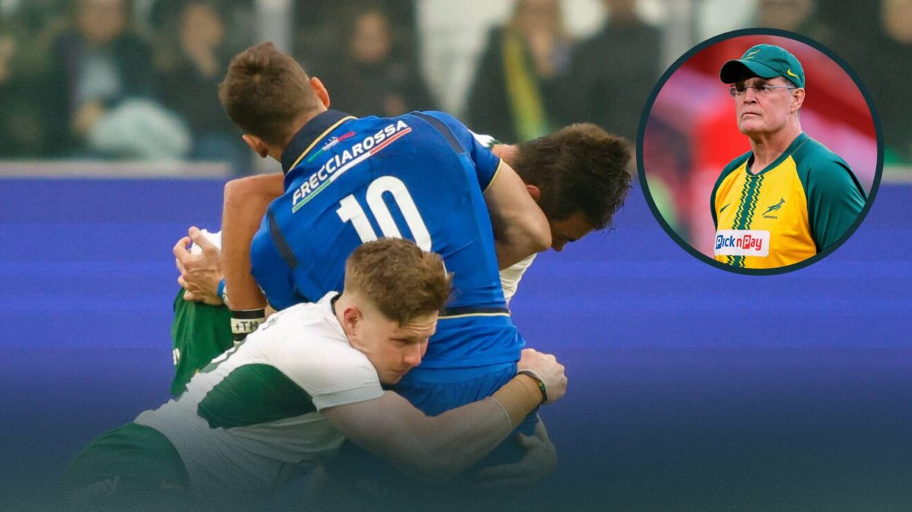 Franco Mostert and Ethan Hooker tackle Paolo Garbisi and an inset of Springboks head coach Rassie Erasmus