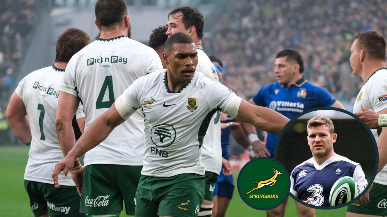 Damian Willemse in action for the Springboks last weekend in Turin and, inset, ex-Ireland player Gordon D'Arcy.