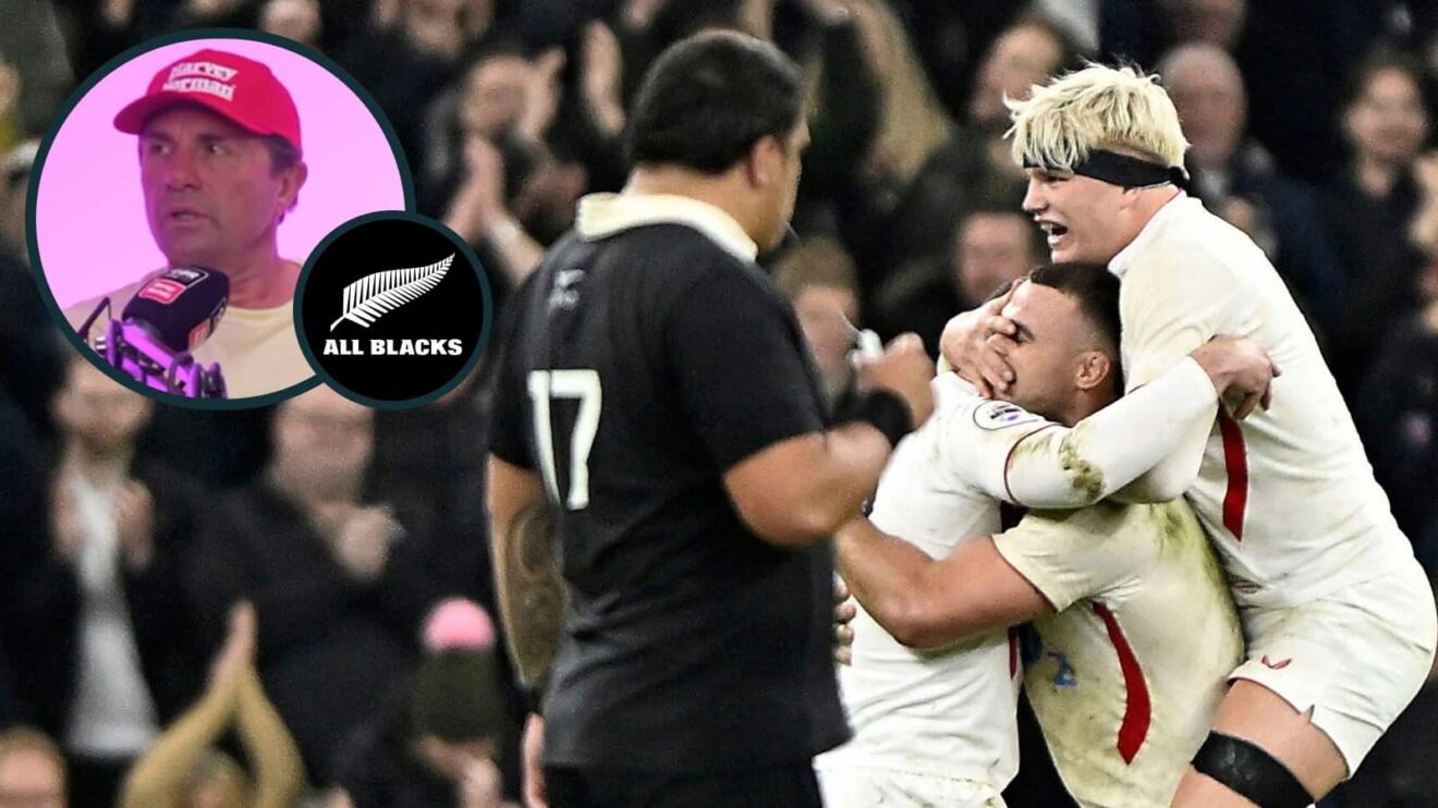 Henry Pollock, part of England's 'Pom Squad', celebrates as All Blacks dejected and New Zealand legend Justin Marshall (inset).
