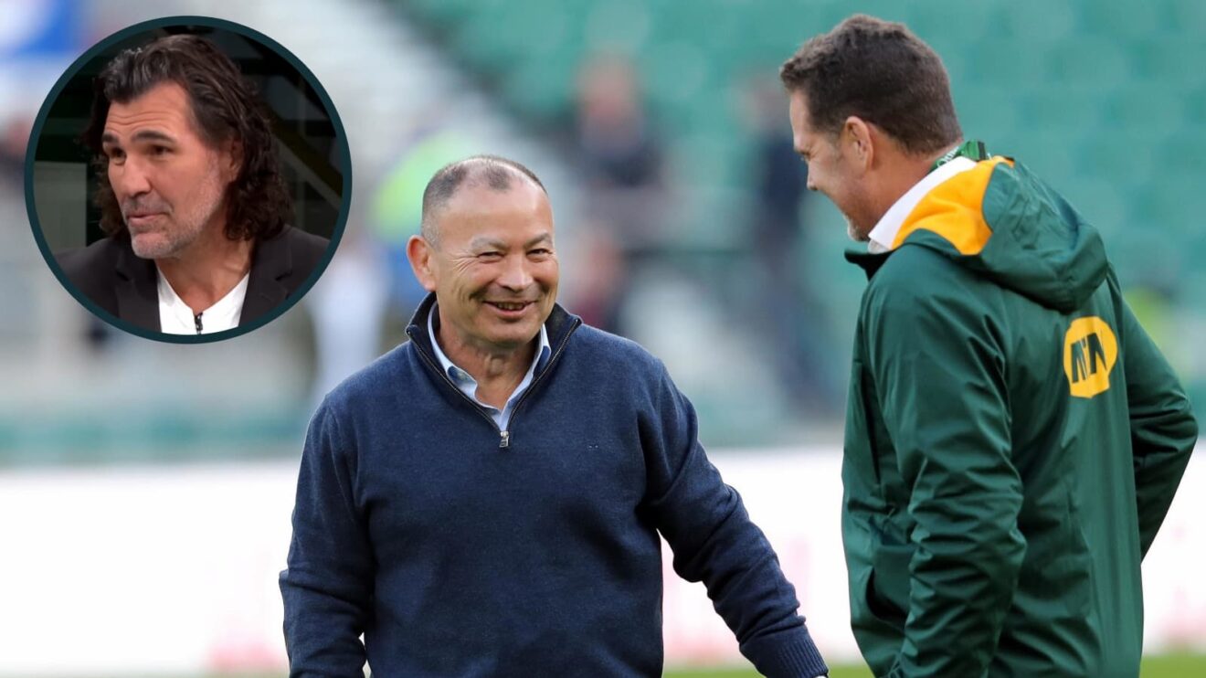 Eddie Jones chatting with Rassie Erasmus, and Springboks legend Victor Matfield (inset).