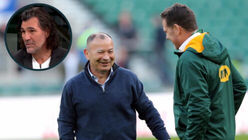 Eddie Jones chatting with Rassie Erasmus, and Springboks legend Victor Matfield (inset).