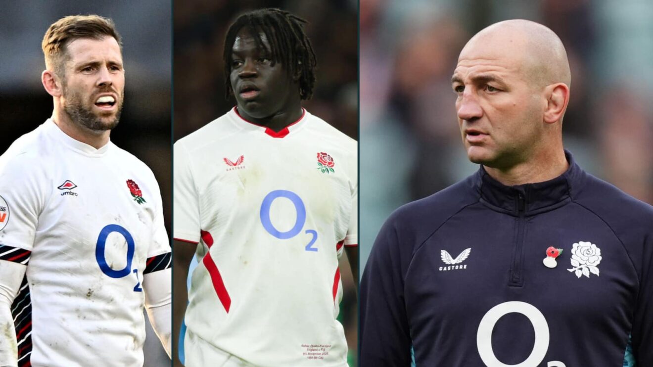 England players Elliot Daly, Asher Opoku-Fordjour and head coach Steve Borthwick.