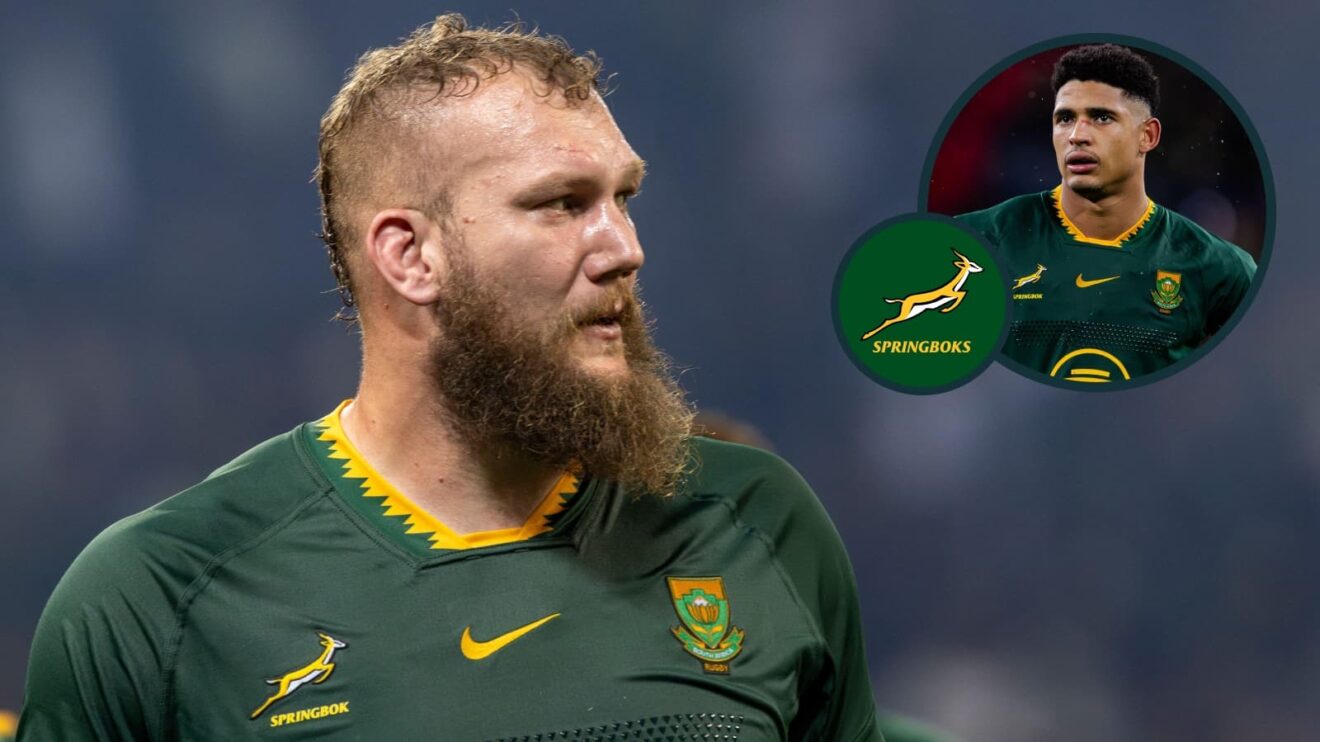 Springboks lock RG Snyman and an inset of Sacha Feinberg-Mngomezulu