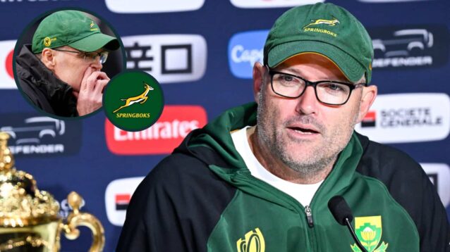 Ex-Springboks coach Jacques Nienaber and an inset of Rassie Erasmus