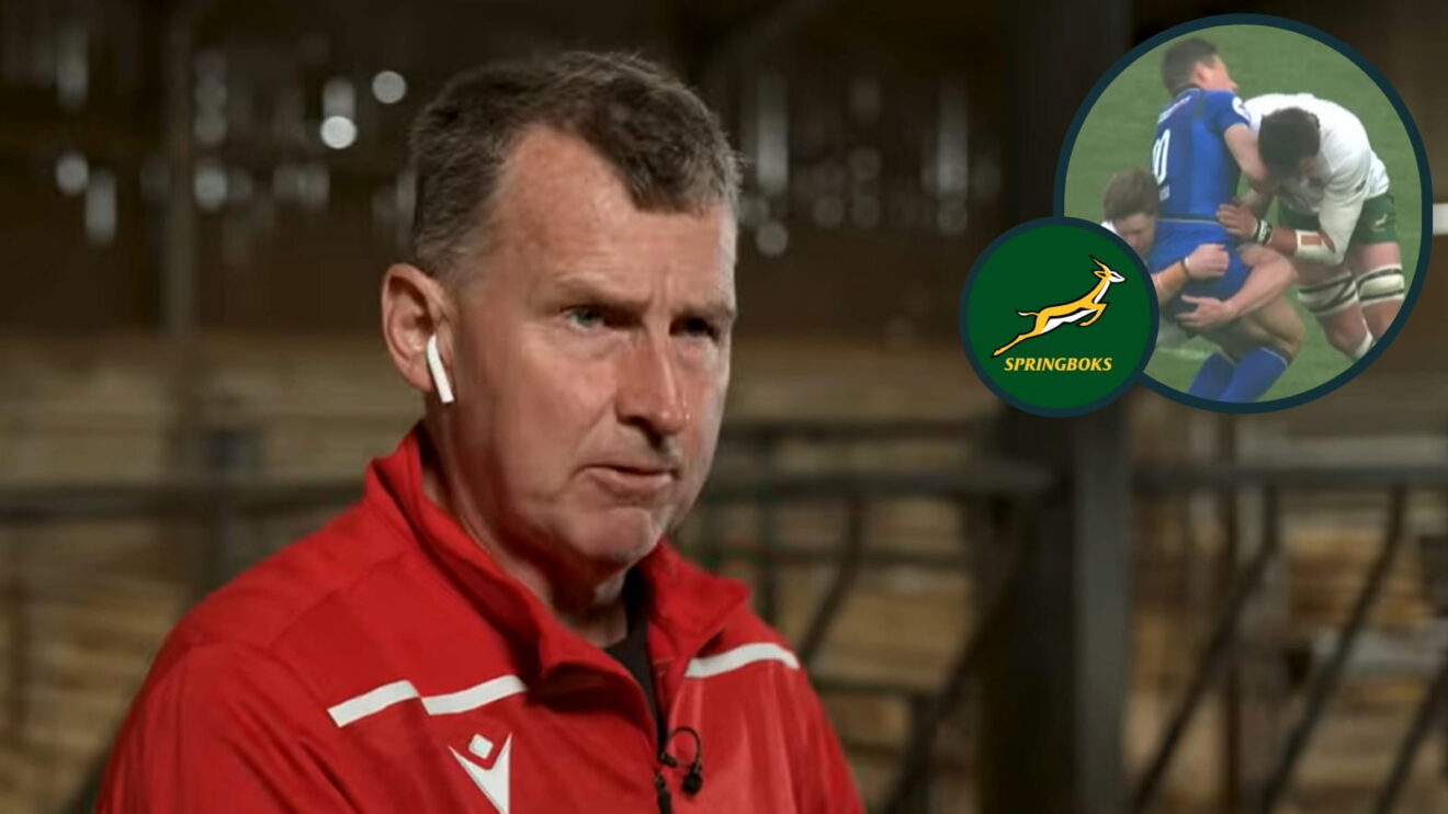 Former Test referee Nigel Owens and Franco Mostert's red carded tackle on Paolo Garbisi (inset).