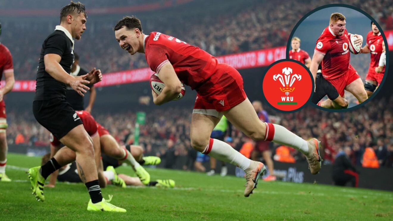 Wales wing Tom Rogers scoring against the All Blacks.