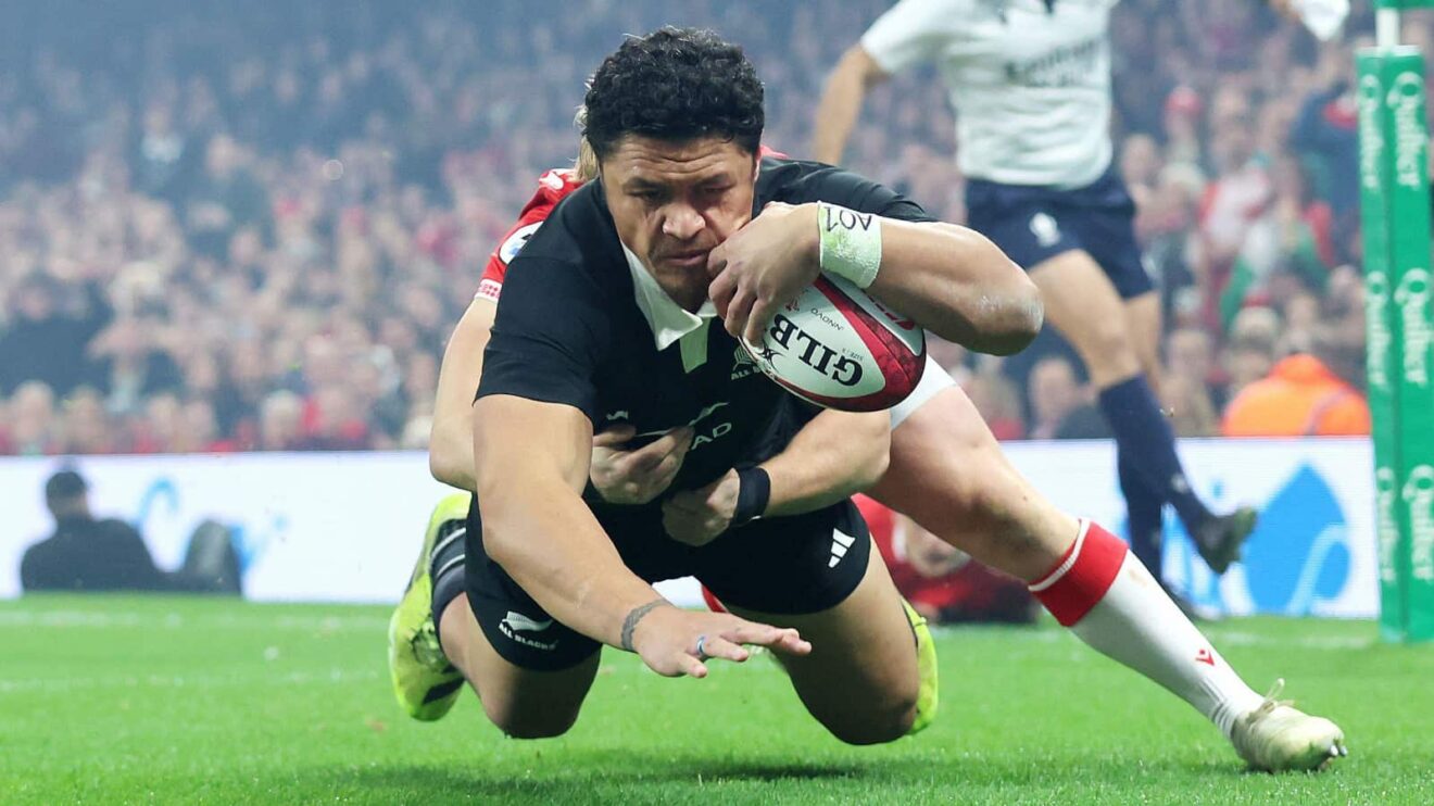 Caleb Clarke in scoring a try for All Blacks v Wales in 2025.