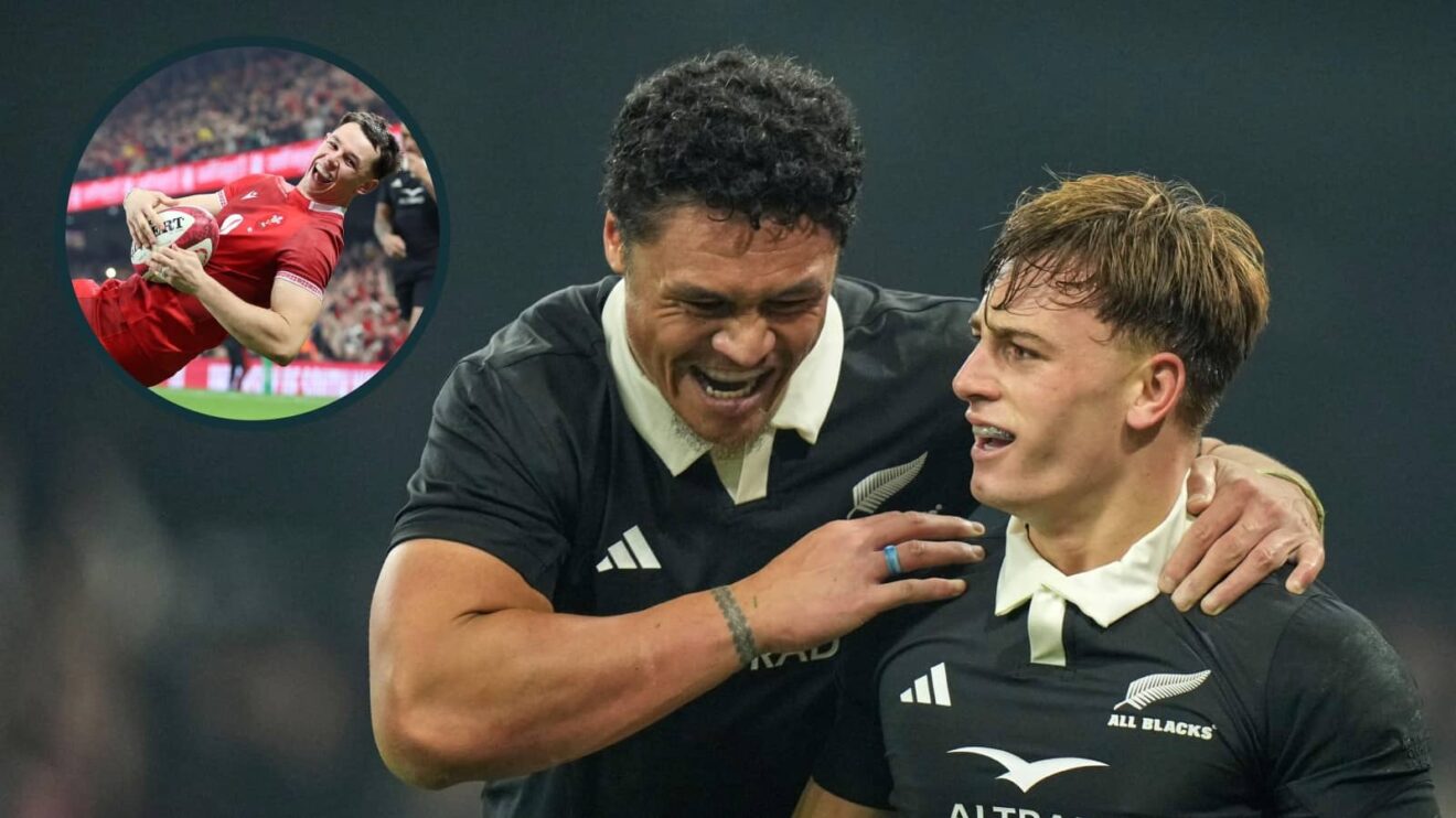All Blacks Caleb Clarke and Ruben Love with an inset of Wales winger Tom Rogers.