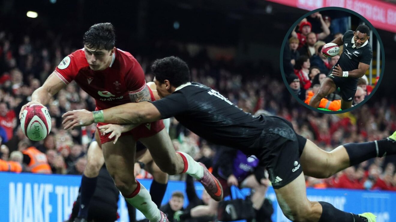 Wales' Louis Rees-Zammit and, inset, Sevu Reece of New Zealand.