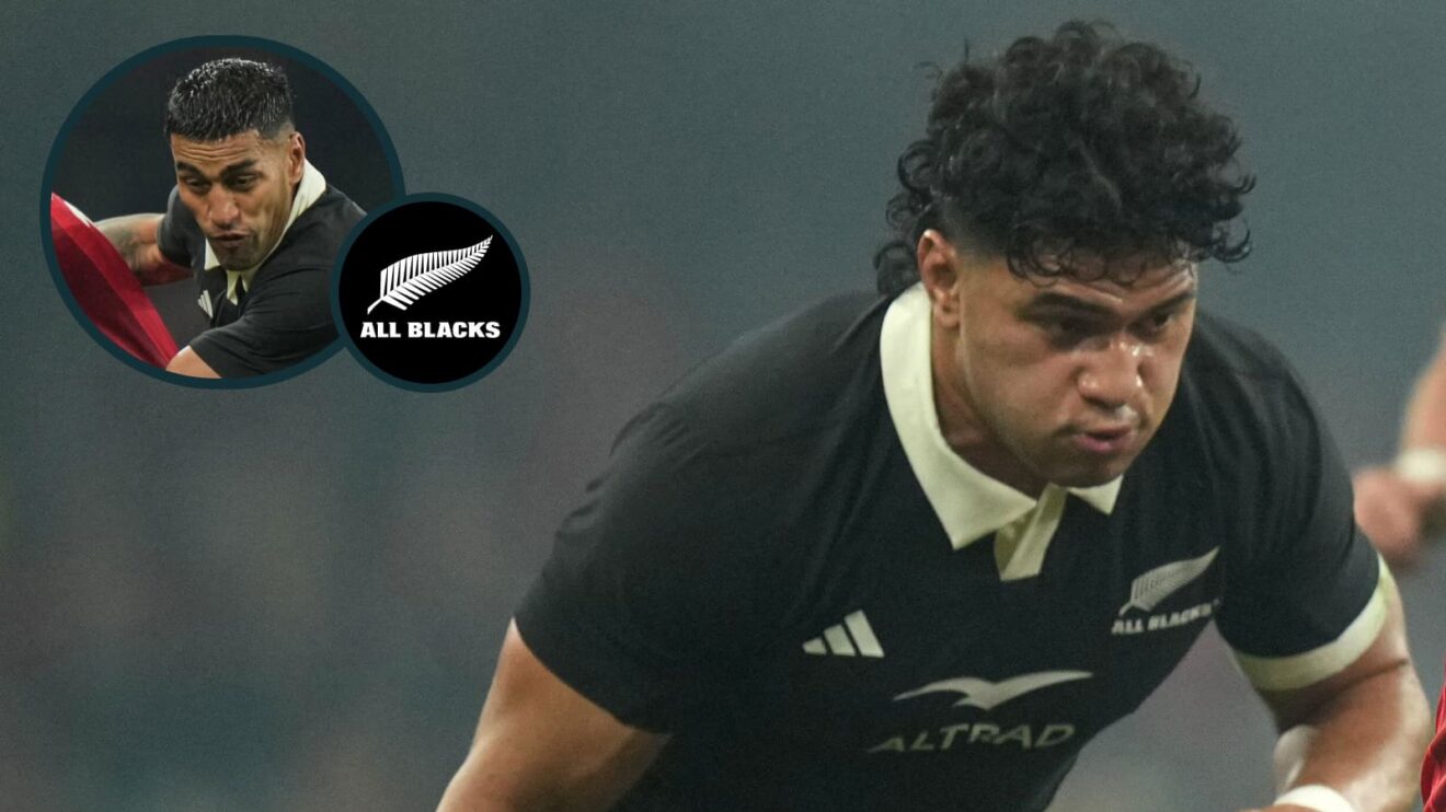 Wallace Sititi and Rieko Ioane (inset) in action for the All Blacks against Wales.