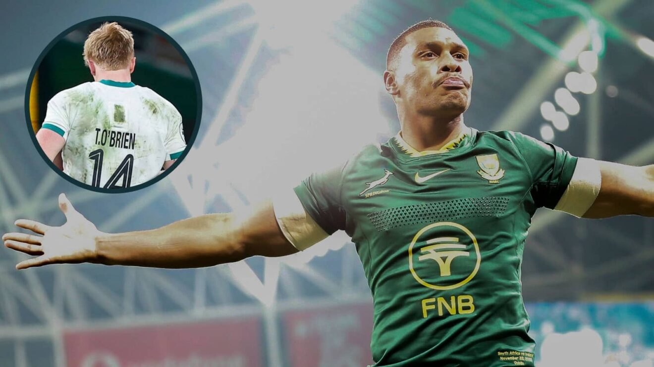 Damian Willemse and Tommy O'Brien (inset) during the Ireland v Springboks game.