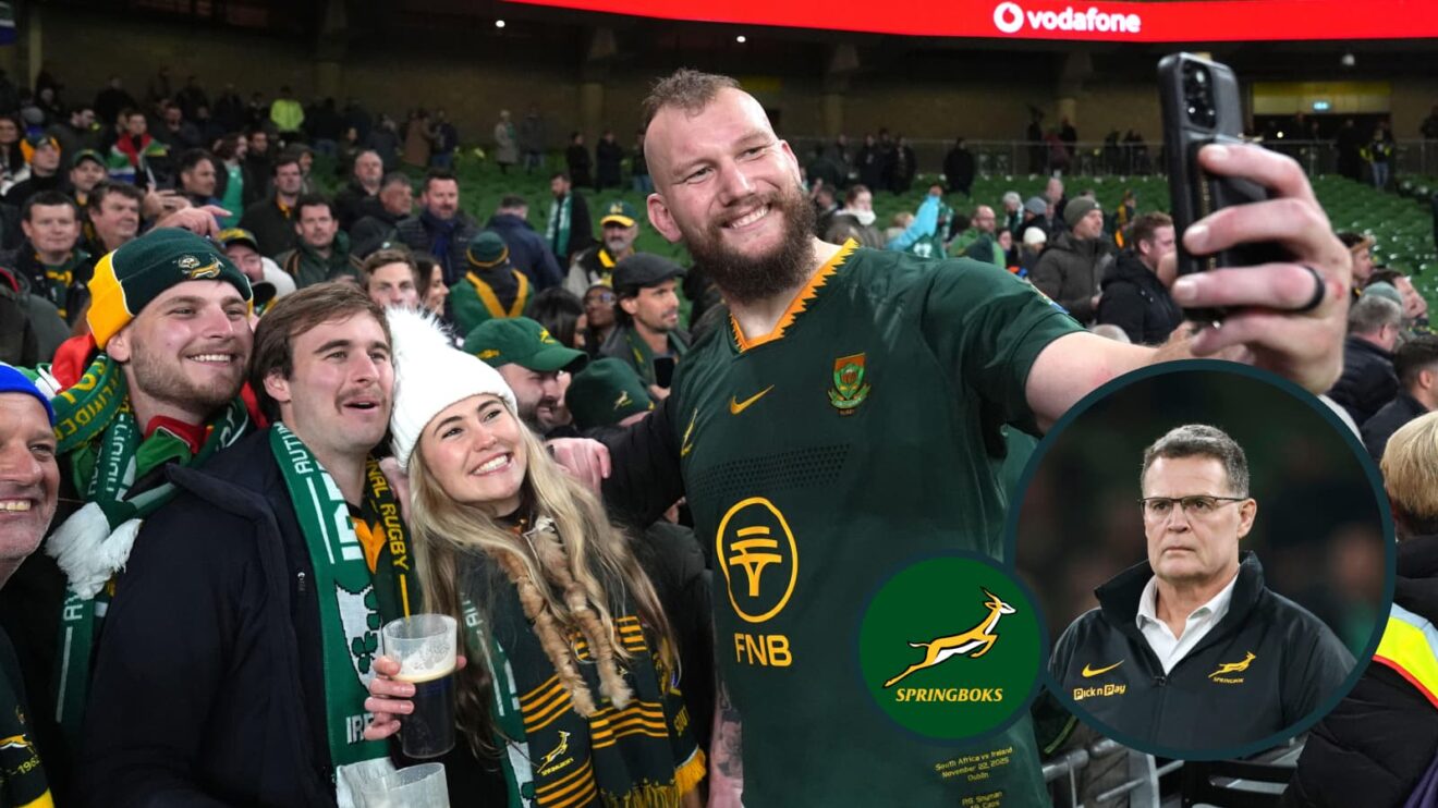 RG Snyman with Springboks fans in Dublin and, inset, head coach Rassie Erasmus.