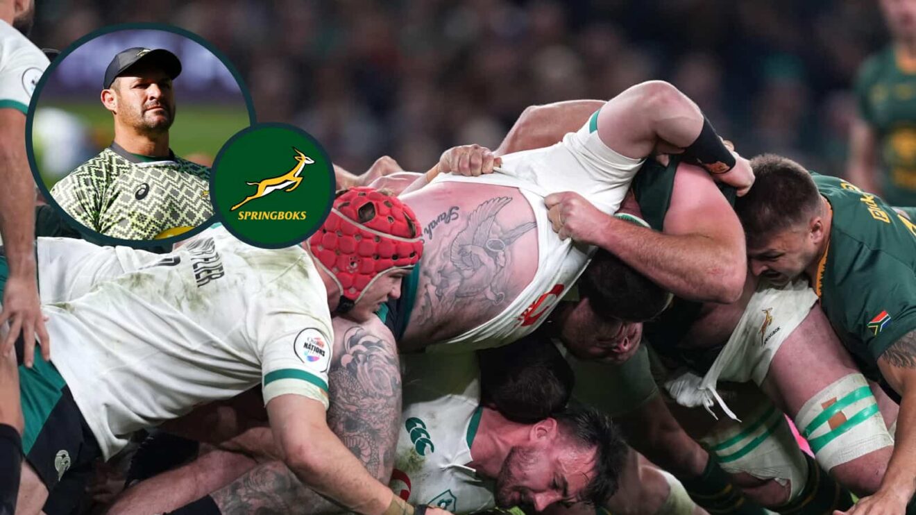 A scrum contest between Ireland and South Africa with an inset of Springboks scrum coach Daan Human.