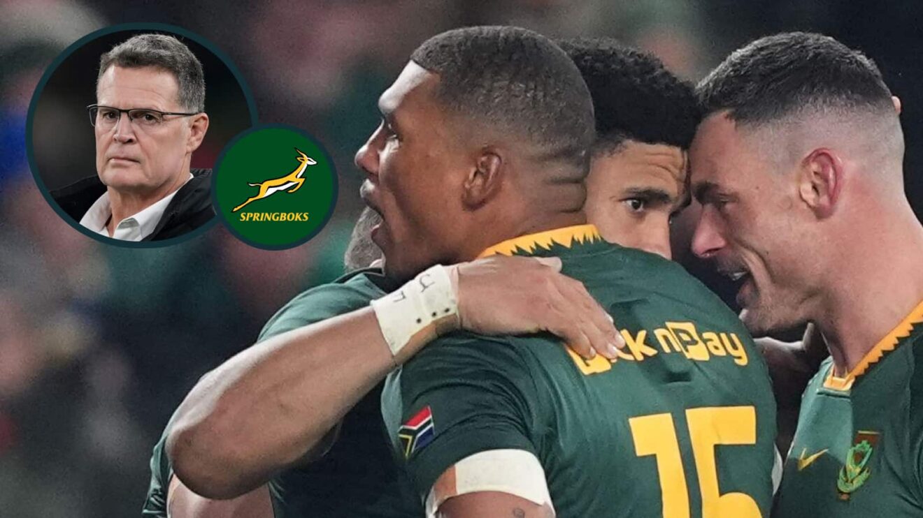 Springboks players celebrate and an inset of head coach Rassie Erasmus.
