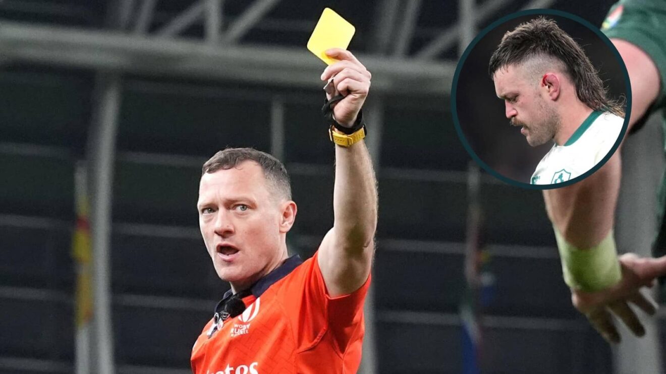 Referee Matthew Carley and an insert of Ireland prop Andrew Porter.
