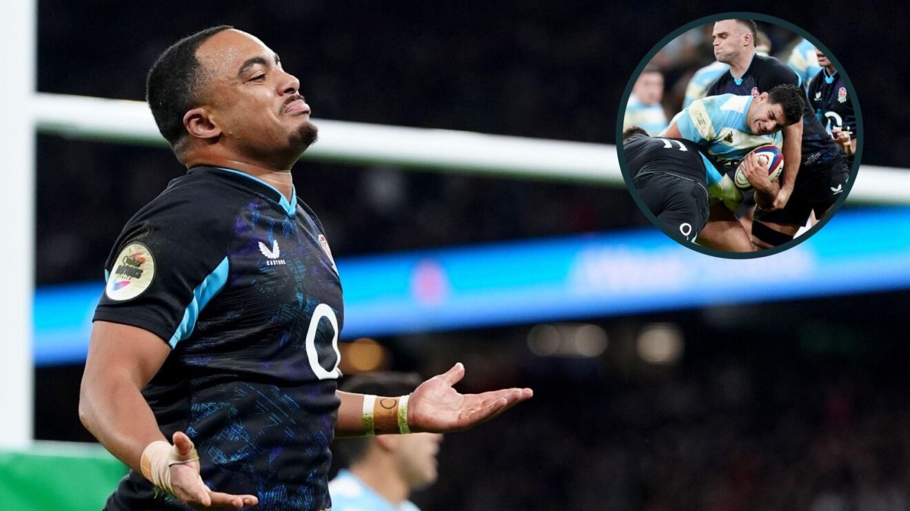 A two layer image of Max Ojomoh and a tackle in England v Argentina