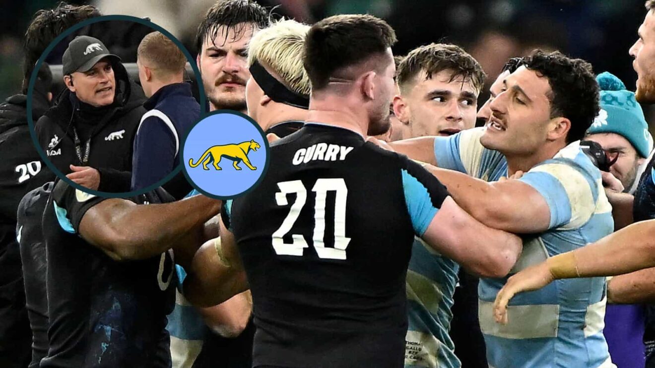 England flanker Tom Curry involved in a scuffle and an inset of Argentina boss Felipe Contepomi.