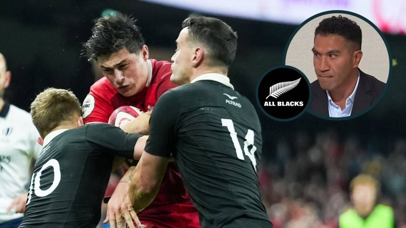 All Blacks in defence against Wales and New Zealand Test centurion Mils Muliaina (inset).