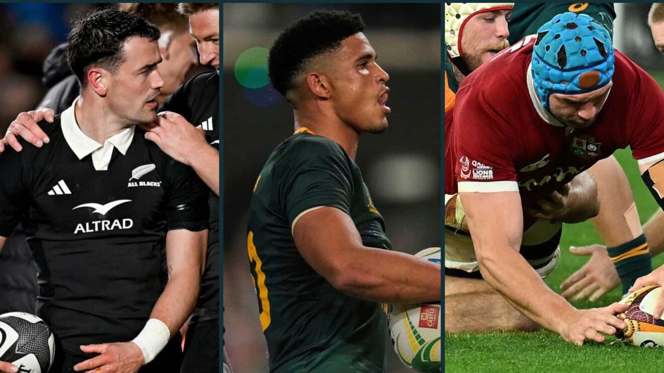 The All Blacks' Will Jordan (left), Sacha Feinberg-Mngomezulu of the Springboks (middle) and Tadhg Beirne in action for the Lions (right).