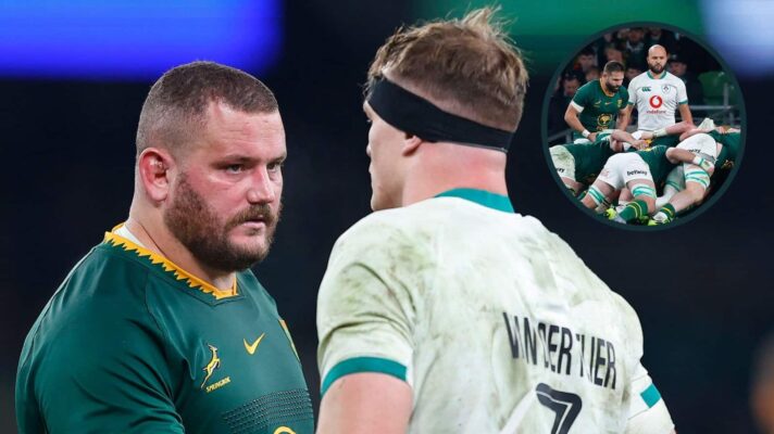 Springboks prop Wilco Louw and Ireland flanker Josh van der Flier, and an inset of a scrum at the Aviva Stadium.