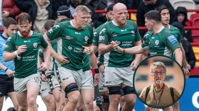 London Irish players celebrate a try during their final match in May 2023 and, inset, the late Eddie Jordan.