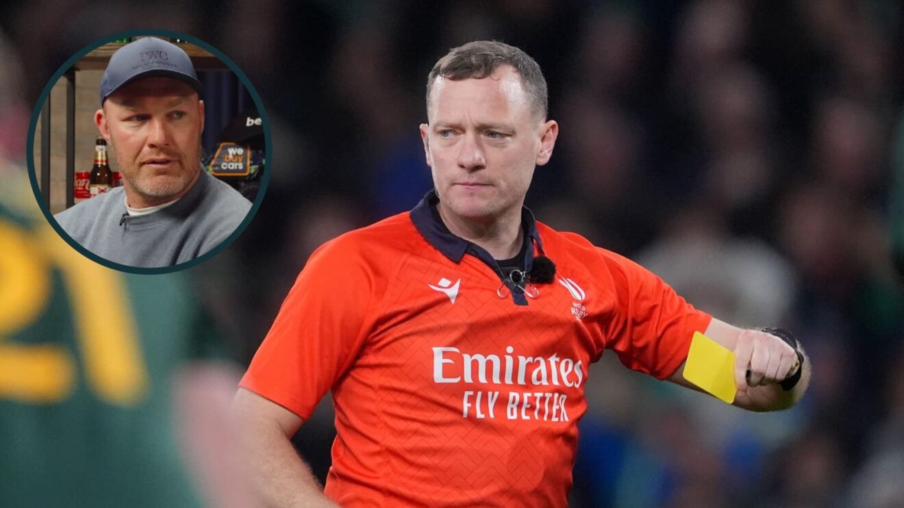 Referee Matthew Carley and an inset of ex-Springbok Schalk Burger.