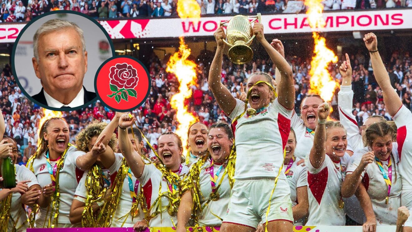 A two layered image of the Red Roses lifting the World Cup title and Bill Sweeney