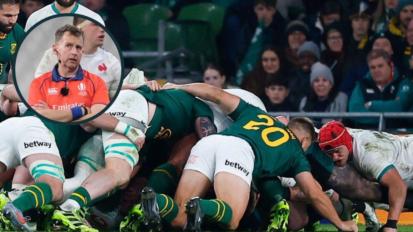 A two layered image of the Springboks scrum and Nigel Owens