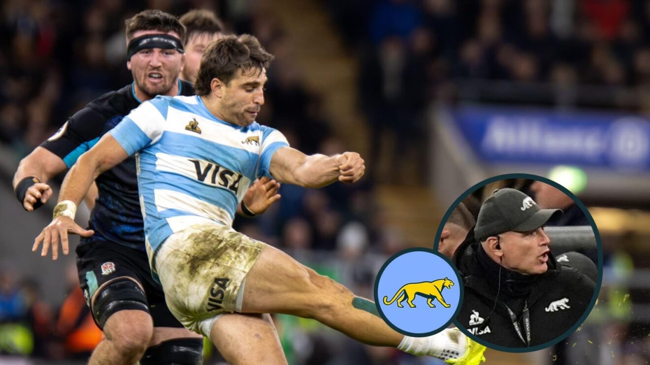 Juan Cruz Mallia makes his kick before England's Tom Curry collides with him and, inset, Argentina head coach Felipe Contepomi.