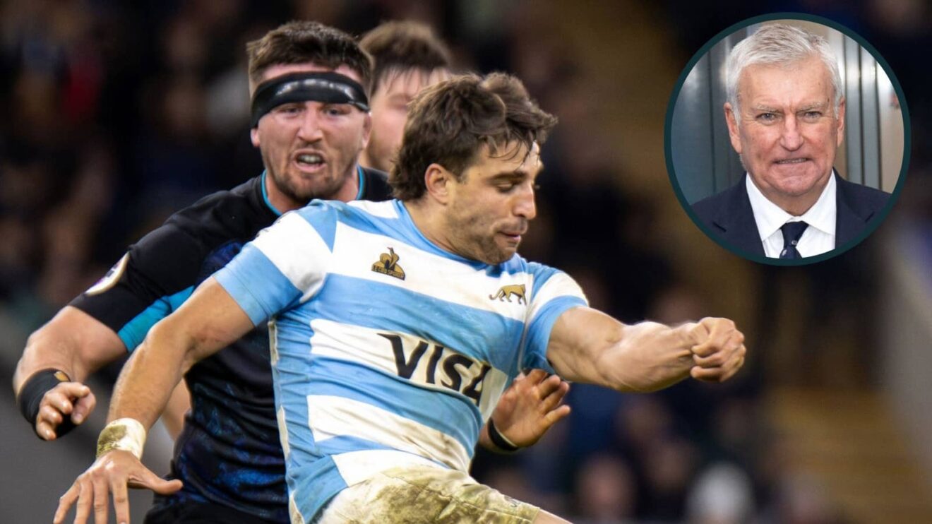 Tom Curry's tackle on Juan Cruz Mallia and RFU CEO Bill Sweeney (inset).