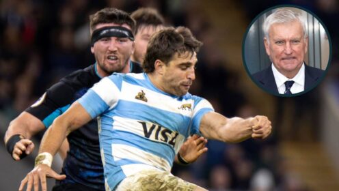 Tom Curry's tackle on Juan Cruz Mallia and RFU CEO Bill Sweeney (inset).