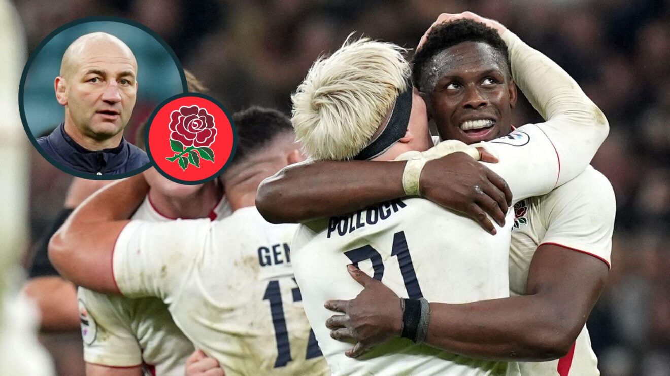 A two layered image of England players celebrating and Steve Borthwick