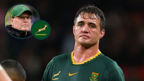 Springboks forward Franco Mostert and an inset of head coach Rassie Erasmus.