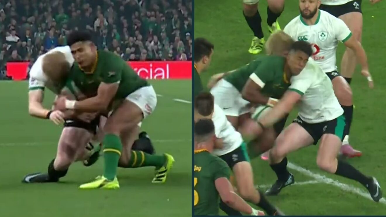 Sacha Feinberg-Mngomezulu and Tommy O'Brien's tackles during Ireland v South Africa.