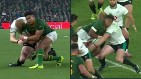 Sacha Feinberg-Mngomezulu and Tommy O'Brien's tackles during Ireland v South Africa.