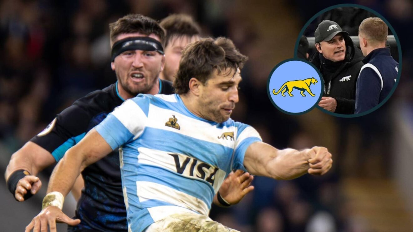 England's Tom Curry about to tackle Juan Cruz Mallia, and an inset of Argentina head coach Felipe Contepomi.