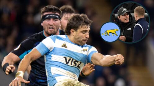 England's Tom Curry about to tackle Juan Cruz Mallia, and an inset of Argentina head coach Felipe Contepomi.