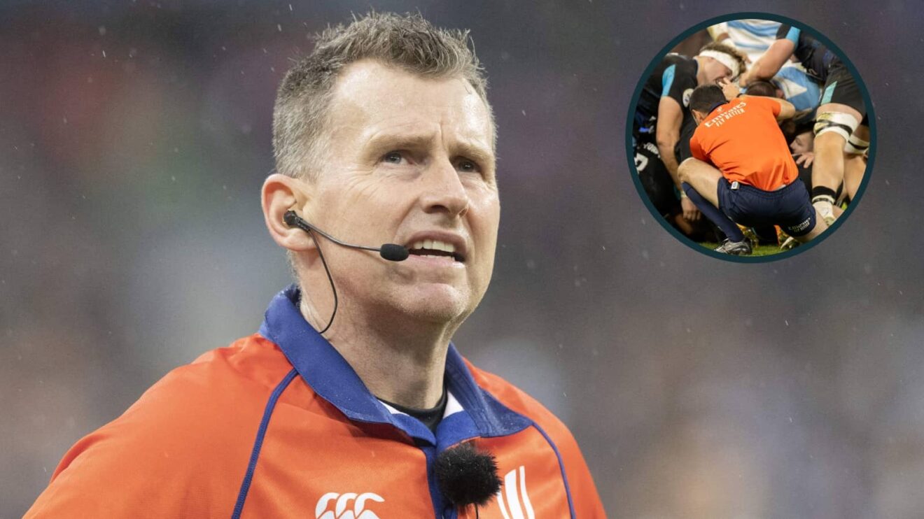 Former referee Nigel Owens with an inset of Pierre Brousset during England v Argentina.