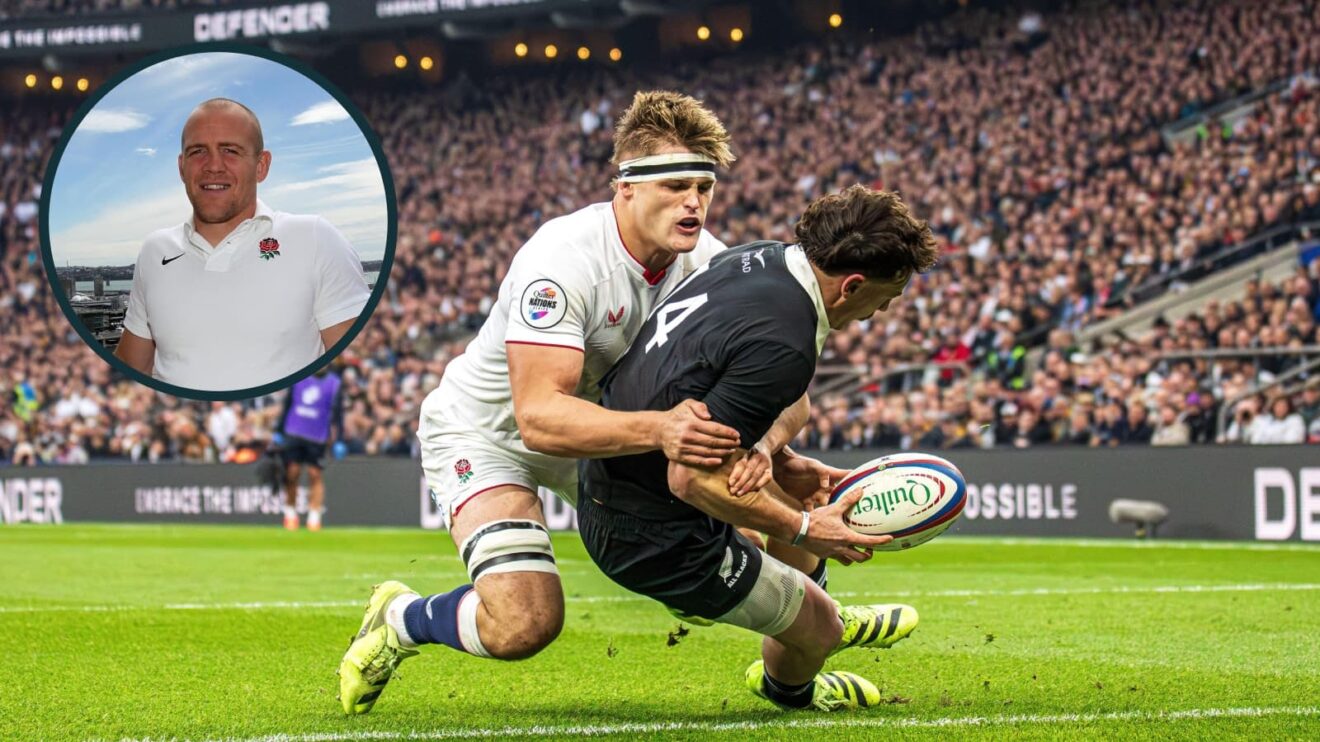 An action shot from the recent England versus All Blacks game at Twickenham and, inset, 2003 Rugby World Cup winner and R360 board member Mike Tindall.