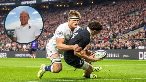 An action shot from the recent England versus All Blacks game at Twickenham and, inset, 2003 Rugby World Cup winner and R360 board member Mike Tindall.