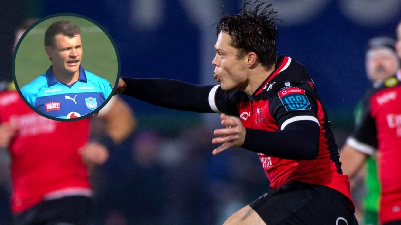 Quan Horn of the Lions and an inset of Bulls forward Elrigh Louw.